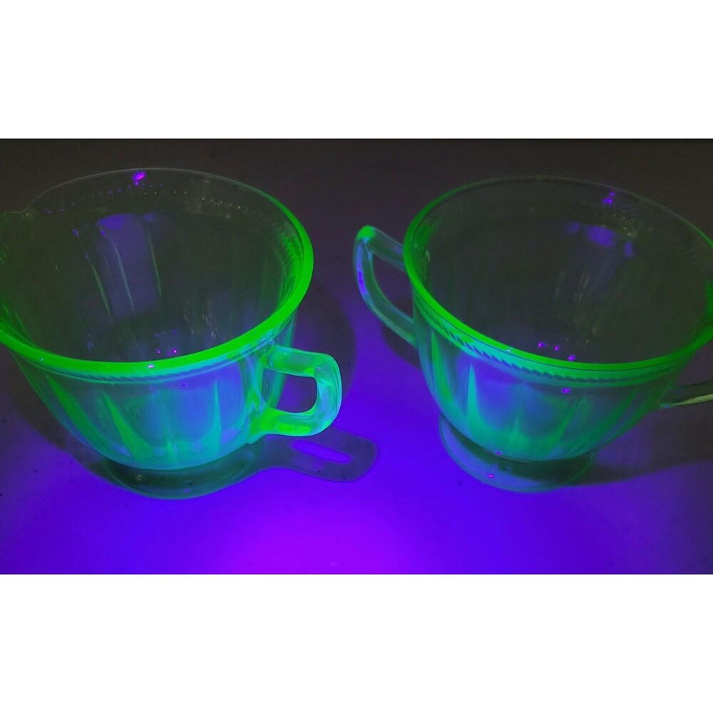Federal Glass Fluted Rope Creamer & Sugar Bowl Depression Uranium Vaseline Glass